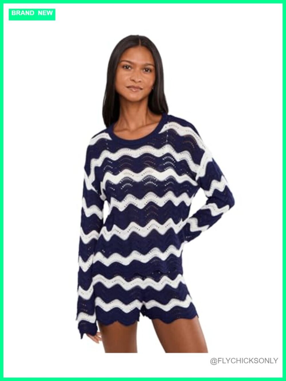 Scalloped Knit Sweater Pullover Long Sleeve Loose Fit Lightweight